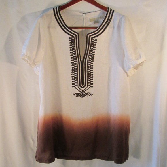 MICHAEL Michael Kors V-Neck Dashiki Short Sleeve Blouse Brown\White Size… - Picture 1 of 7